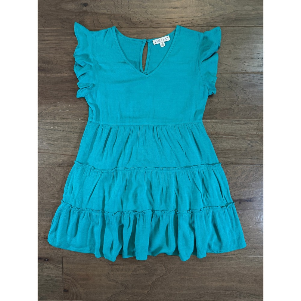 She + Sky Teal Ruffle Sleeve Tiered Babydoll Mini Dress‎ SY1686 Small